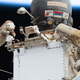 Cosmonauts Sergey Prokopyev and Dmitri Petelin performing a spacewalk in their Orlan spacesuits on November 17, 2022.